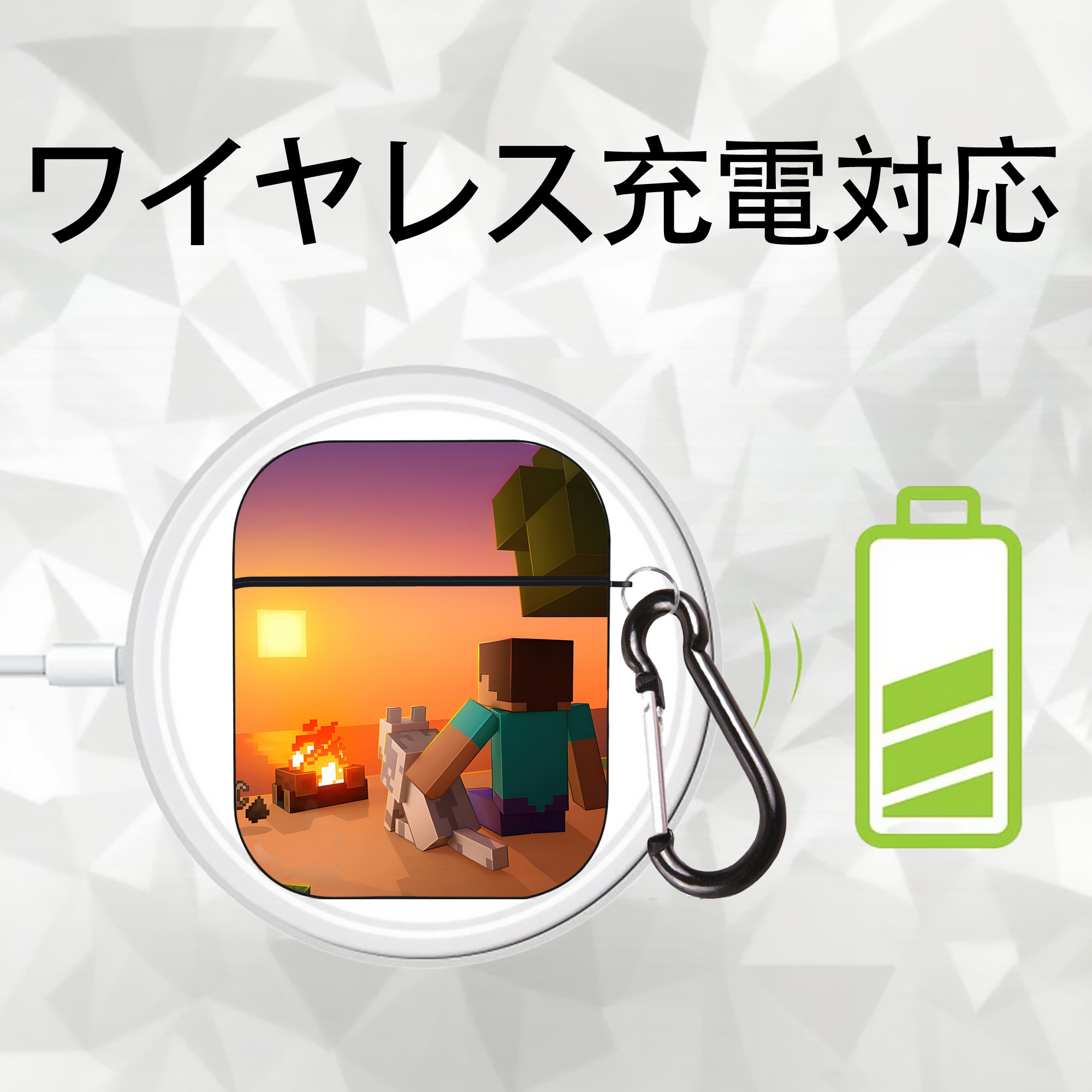 マインクラフト ブロックの世界 Minecraft MC Block world AirPods 第2世代保護ケース ハードシェル ブラック 耐衝撃・防指紋・カラビナ付き