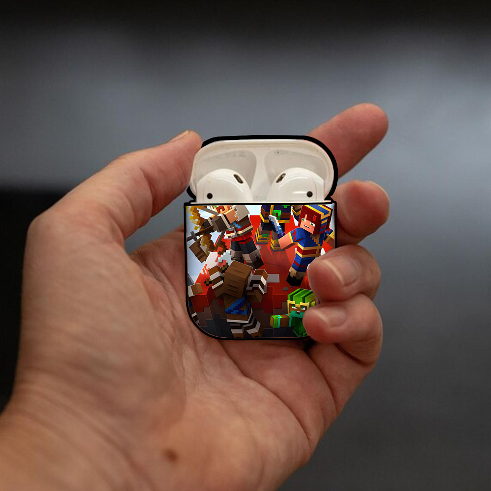 マインクラフト ブロックの世界 Minecraft MC Block world AirPods 第2世代保護ケース ハードシェル ブラック 耐衝撃・防指紋・カラビナ付き