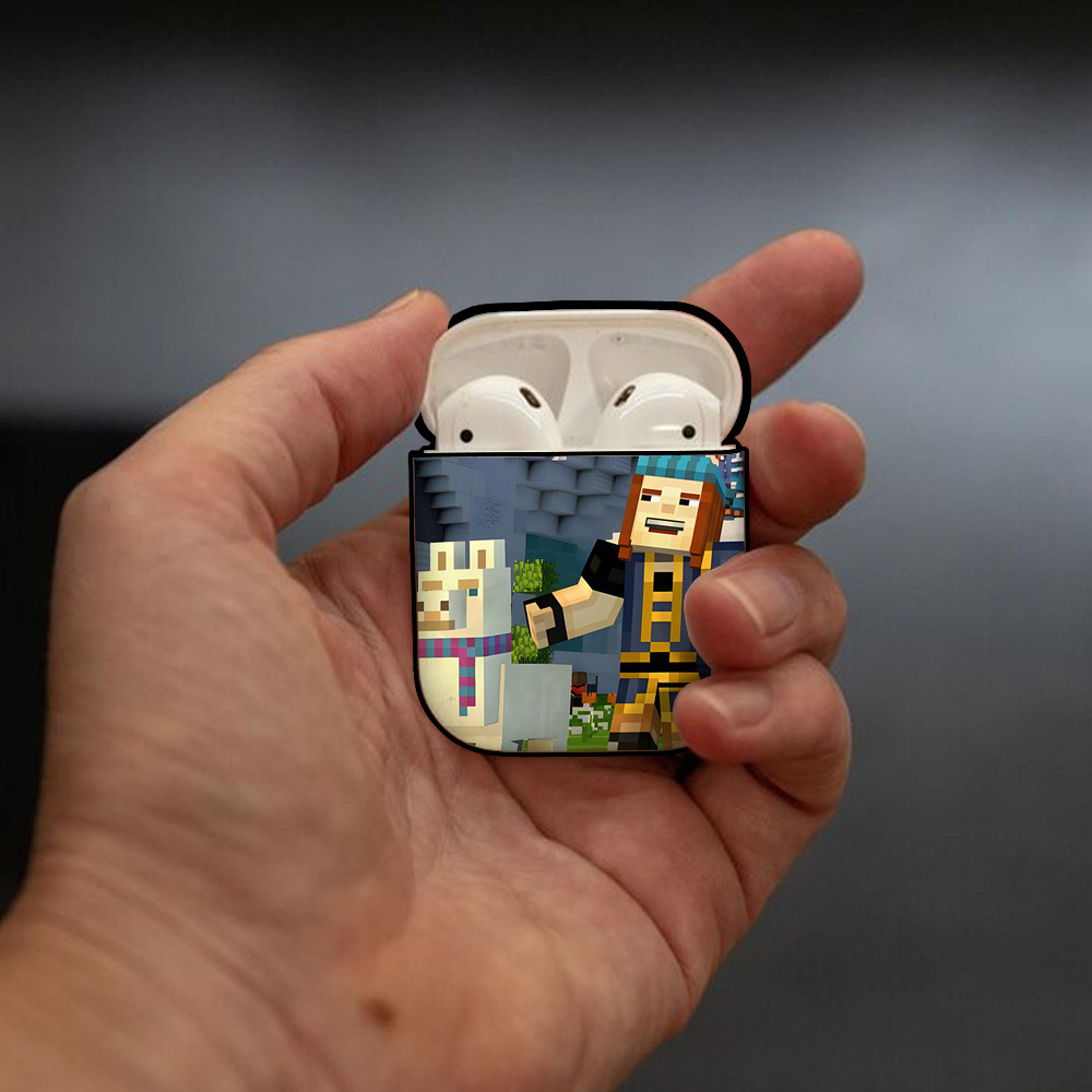 マインクラフト ブロックの世界 Minecraft MC Block world AirPods 第2世代保護ケース ハードシェル ブラック 耐衝撃・防指紋・カラビナ付き