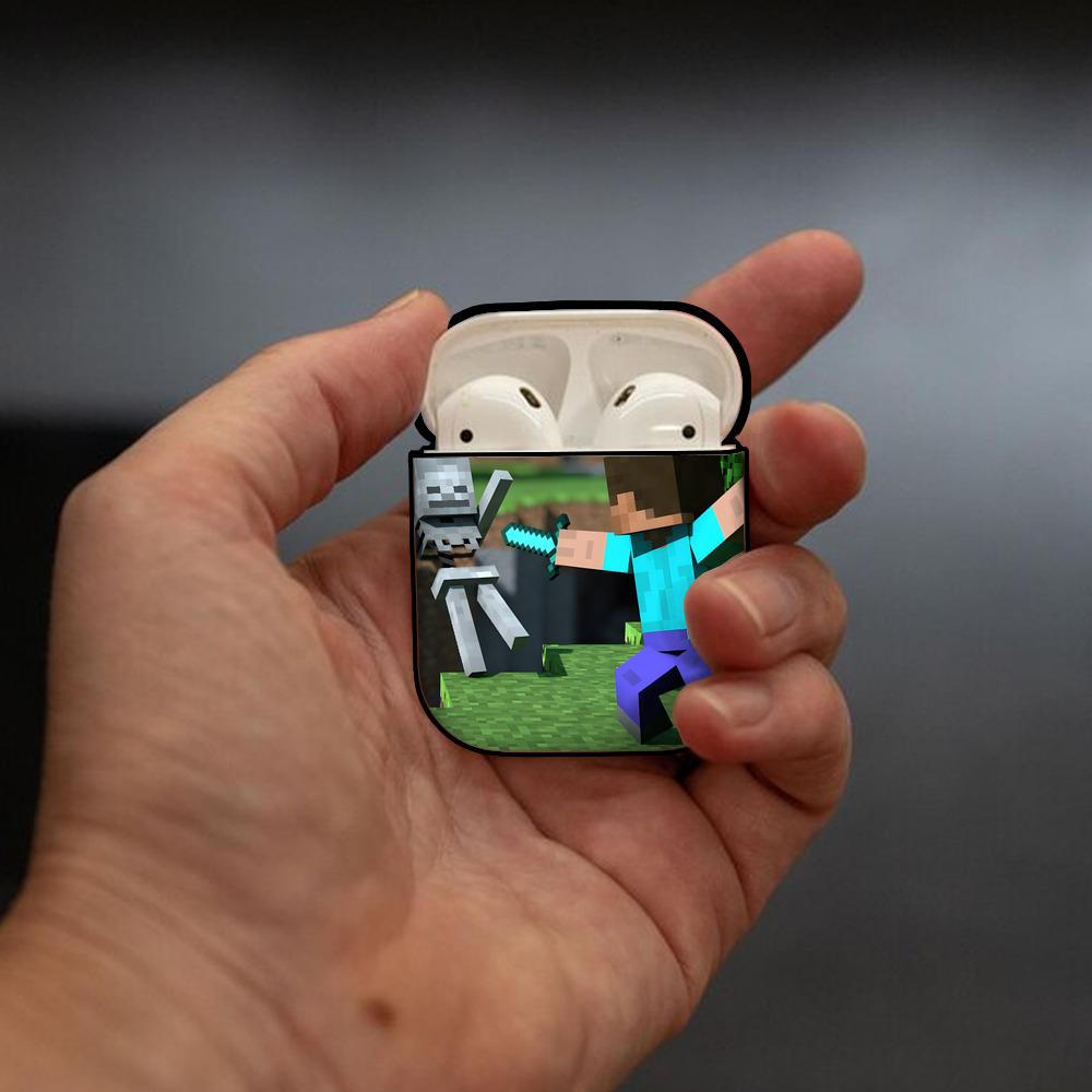 マインクラフト ブロックの世界 Minecraft MC Block world AirPods 第2世代保護ケース ハードシェル ブラック 耐衝撃・防指紋・カラビナ付き