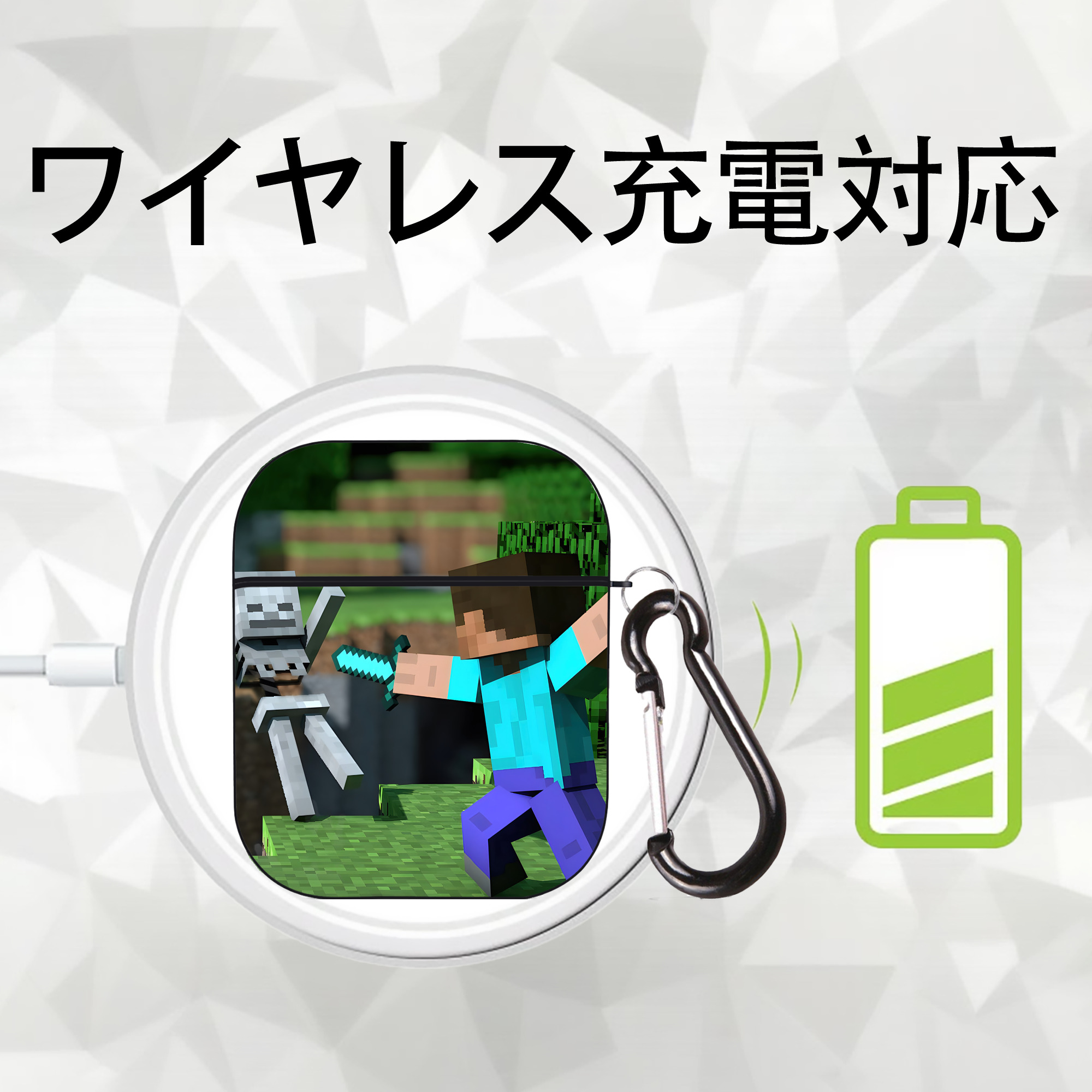 マインクラフト ブロックの世界 Minecraft MC Block world AirPods 第2世代保護ケース ハードシェル ブラック 耐衝撃・防指紋・カラビナ付き