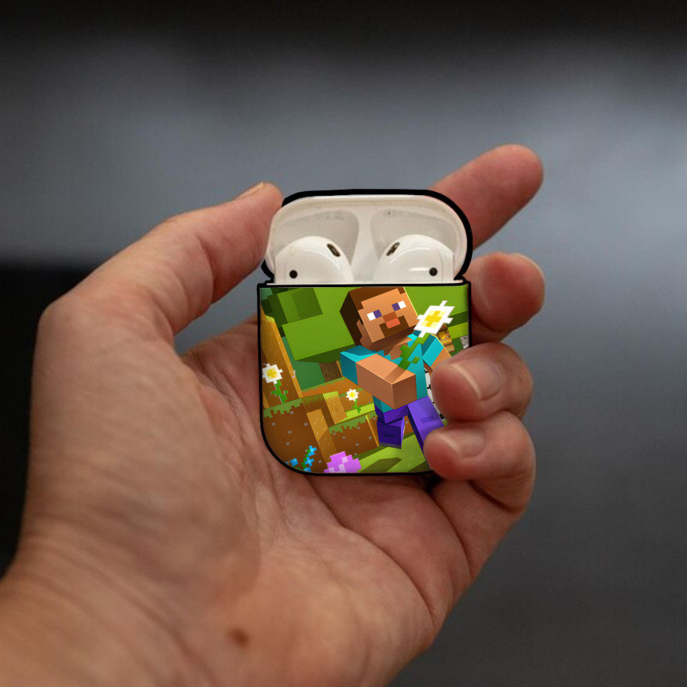マインクラフト ブロックの世界 Minecraft MC Block world AirPods 第2世代保護ケース ハードシェル ブラック 耐衝撃・防指紋・カラビナ付き