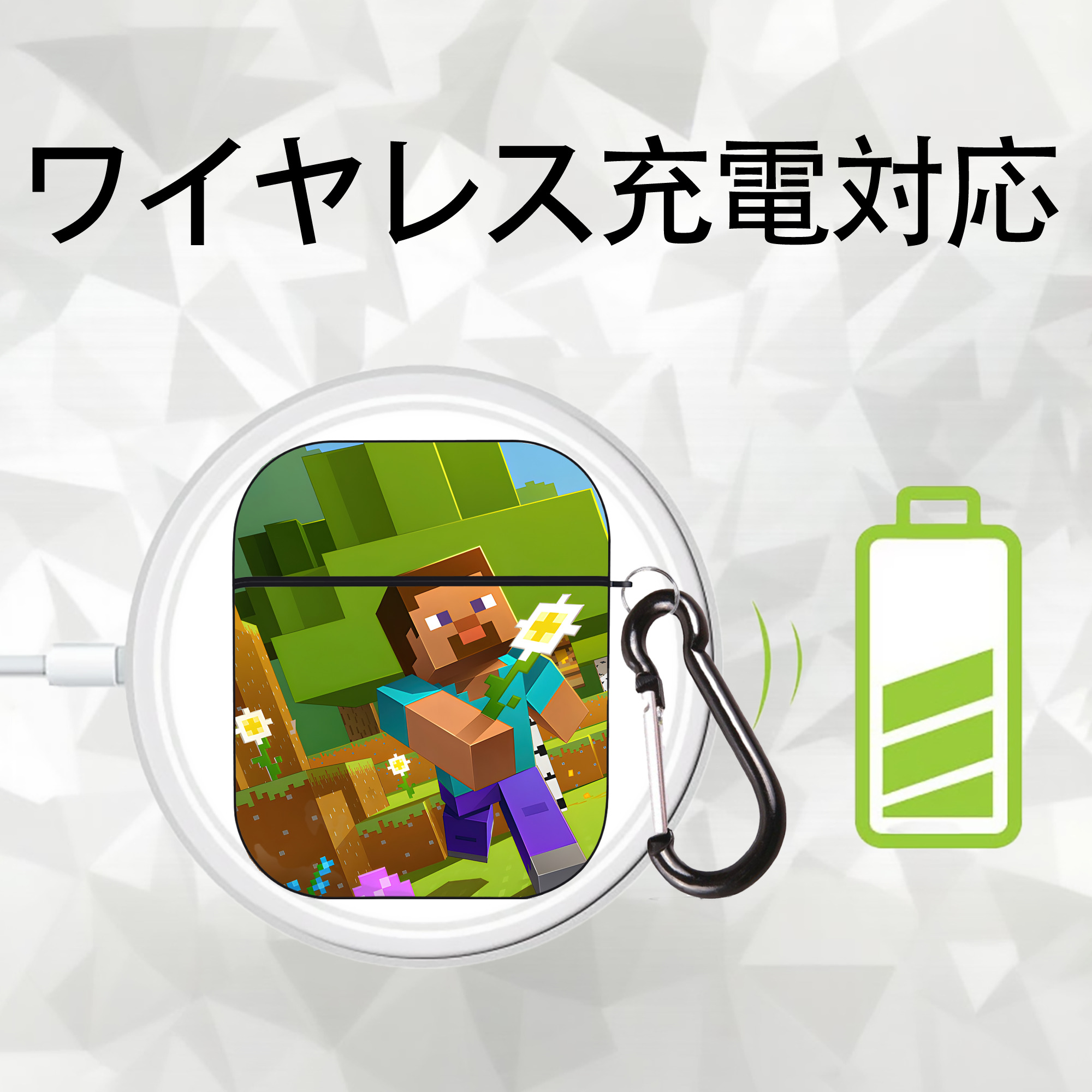 マインクラフト ブロックの世界 Minecraft MC Block world AirPods 第2世代保護ケース ハードシェル ブラック 耐衝撃・防指紋・カラビナ付き