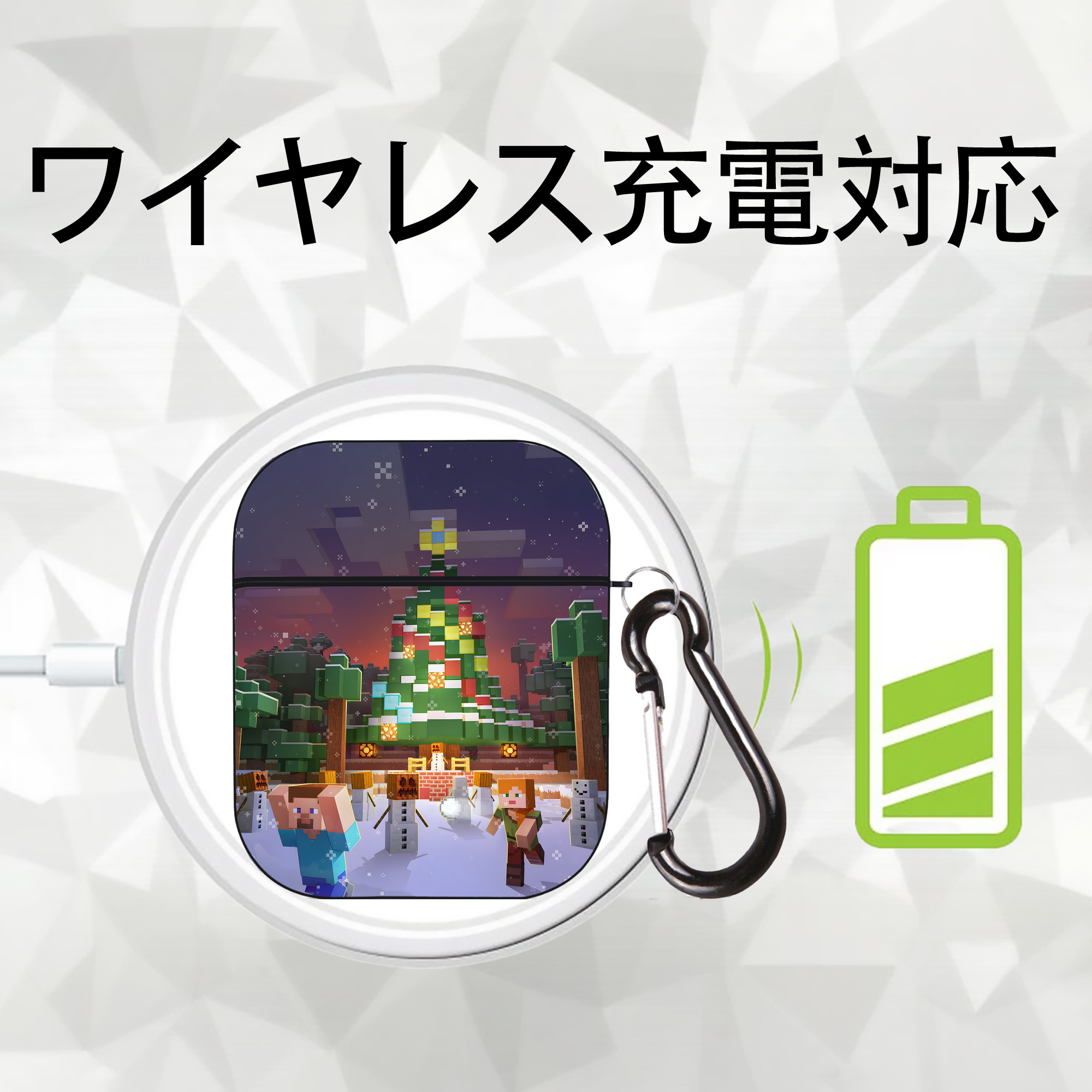 マインクラフト ブロックの世界 Minecraft MC Block world AirPods 第2世代保護ケース ハードシェル ブラック 耐衝撃・防指紋・カラビナ付き