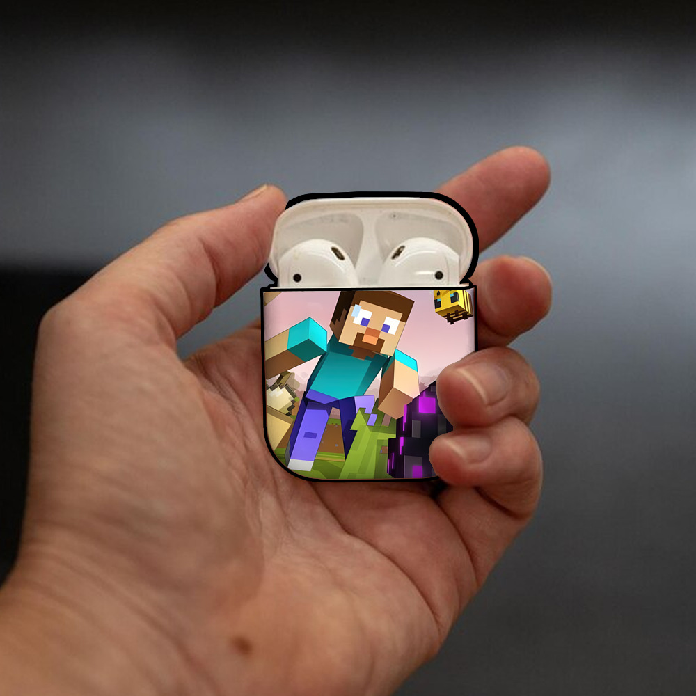 マインクラフト ブロックの世界 Minecraft MC Block world AirPods 第2世代保護ケース ハードシェル ブラック 耐衝撃・防指紋・カラビナ付き
