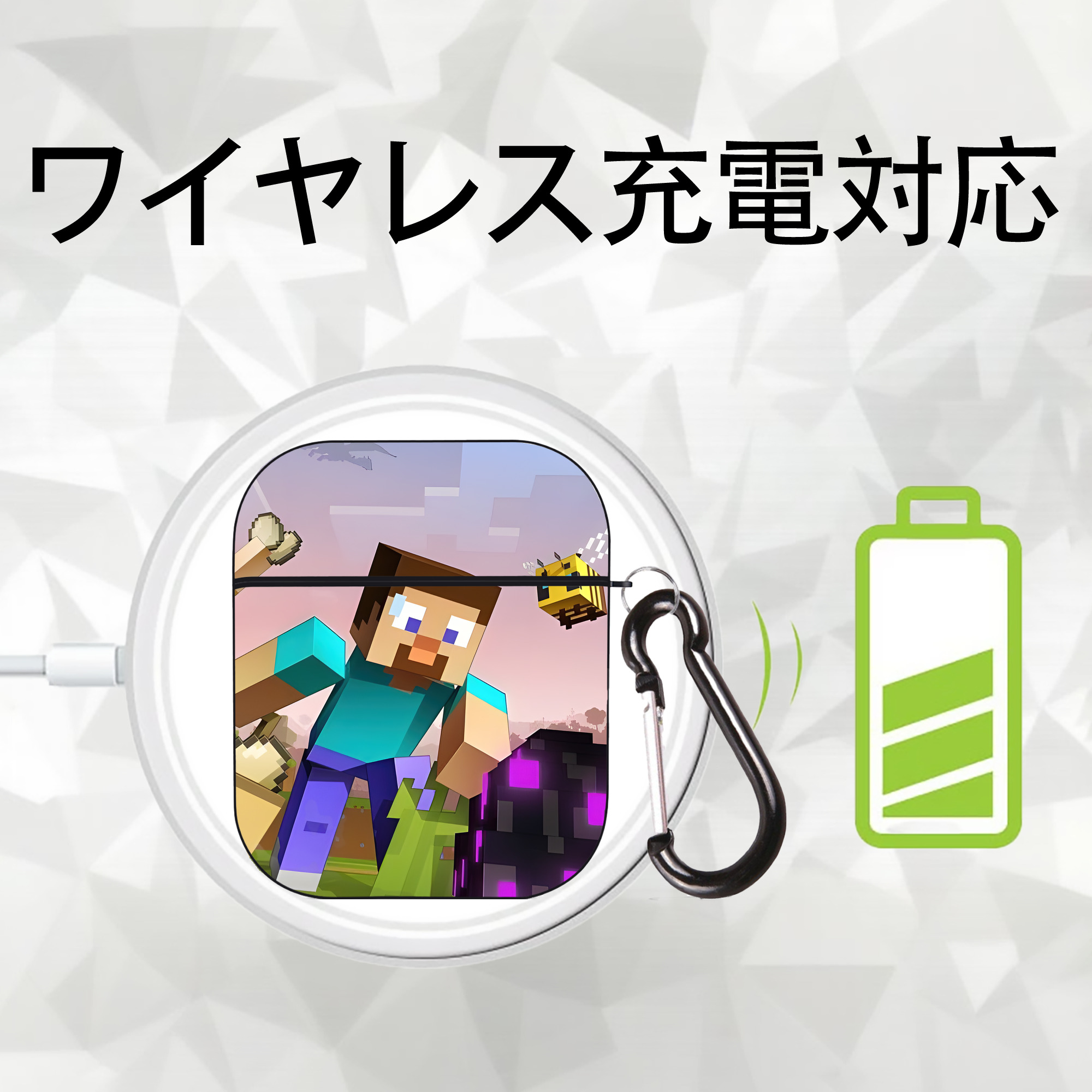マインクラフト ブロックの世界 Minecraft MC Block world AirPods 第2世代保護ケース ハードシェル ブラック 耐衝撃・防指紋・カラビナ付き