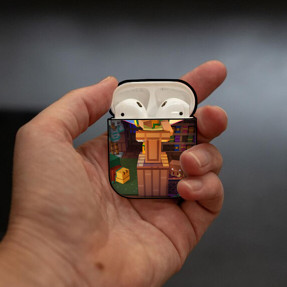 マインクラフト ブロックの世界 Minecraft MC Block world AirPods 第2世代保護ケース ハードシェル ブラック 耐衝撃・防指紋・カラビナ付き