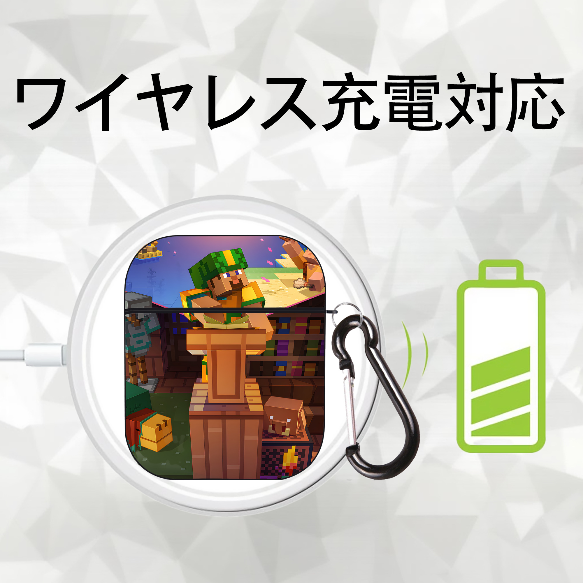マインクラフト ブロックの世界 Minecraft MC Block world AirPods 第2世代保護ケース ハードシェル ブラック 耐衝撃・防指紋・カラビナ付き