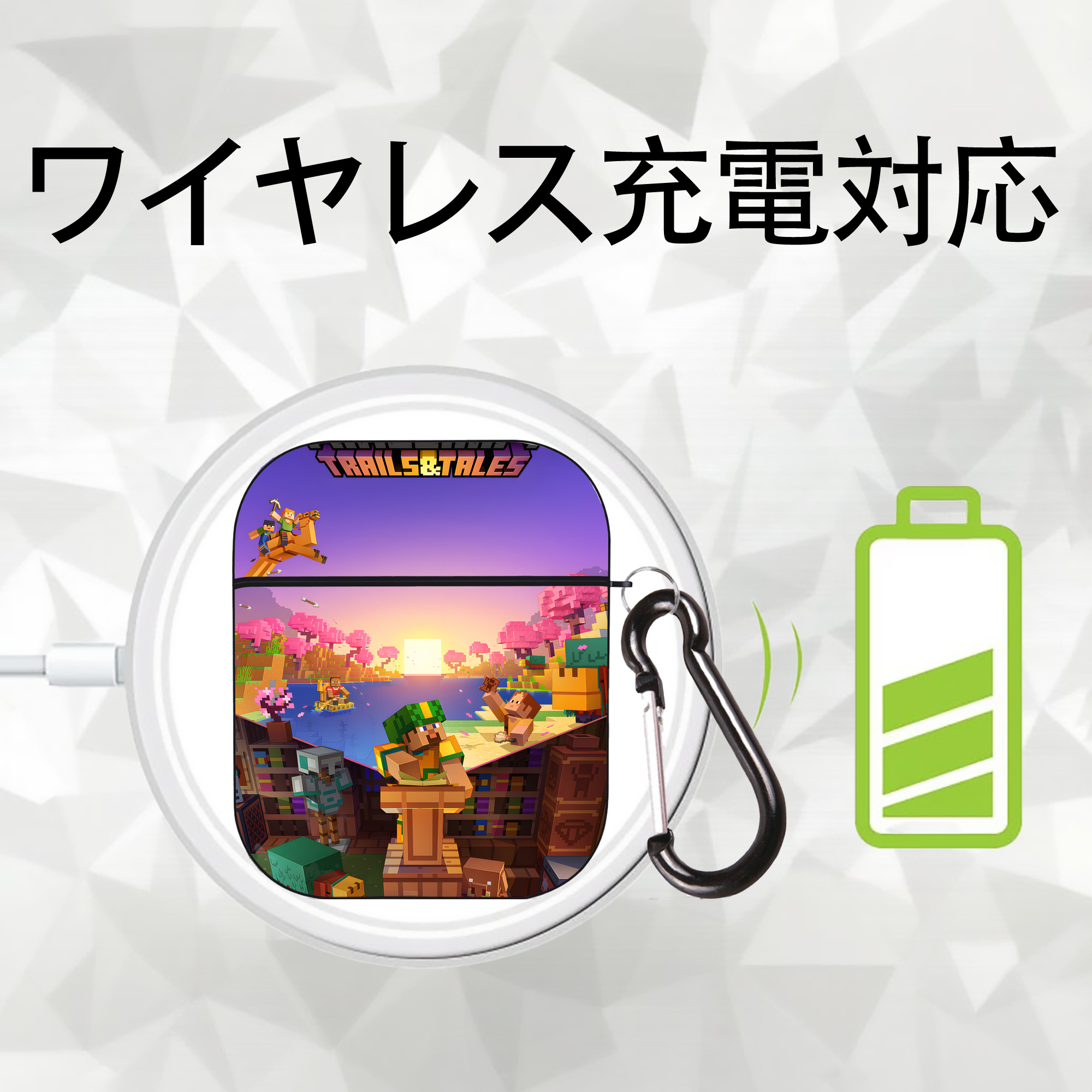 マインクラフト ブロックの世界 Minecraft MC Block world AirPods 第2世代保護ケース ハードシェル ブラック 耐衝撃・防指紋・カラビナ付き
