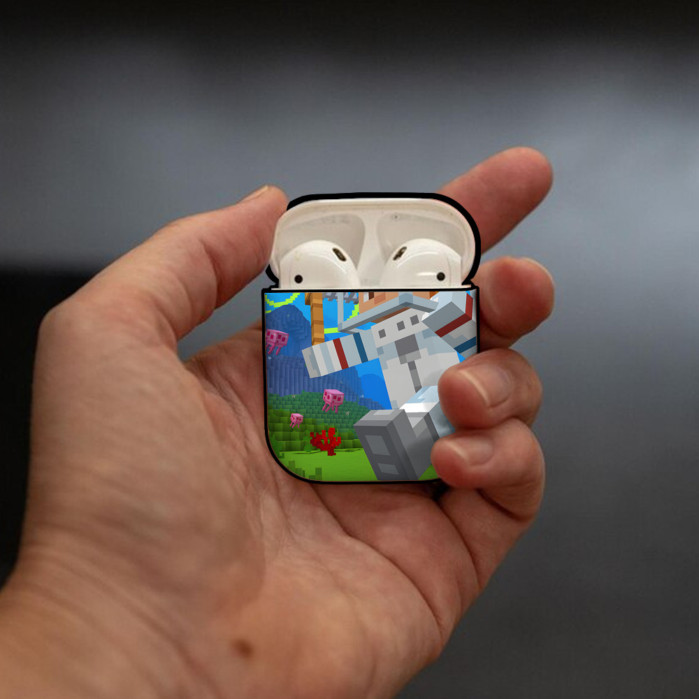 マインクラフト ブロックの世界 Minecraft MC Block world AirPods 第2世代保護ケース ハードシェル ブラック 耐衝撃・防指紋・カラビナ付き