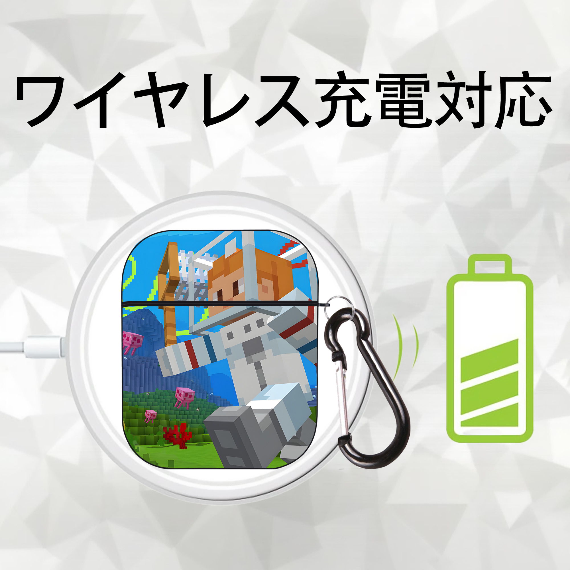 マインクラフト ブロックの世界 Minecraft MC Block world AirPods 第2世代保護ケース ハードシェル ブラック 耐衝撃・防指紋・カラビナ付き