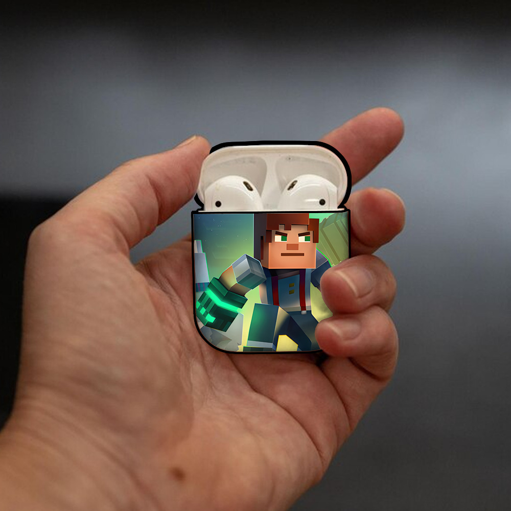 マインクラフト ブロックの世界 Minecraft MC Block world AirPods 第2世代保護ケース ハードシェル ブラック 耐衝撃・防指紋・カラビナ付き