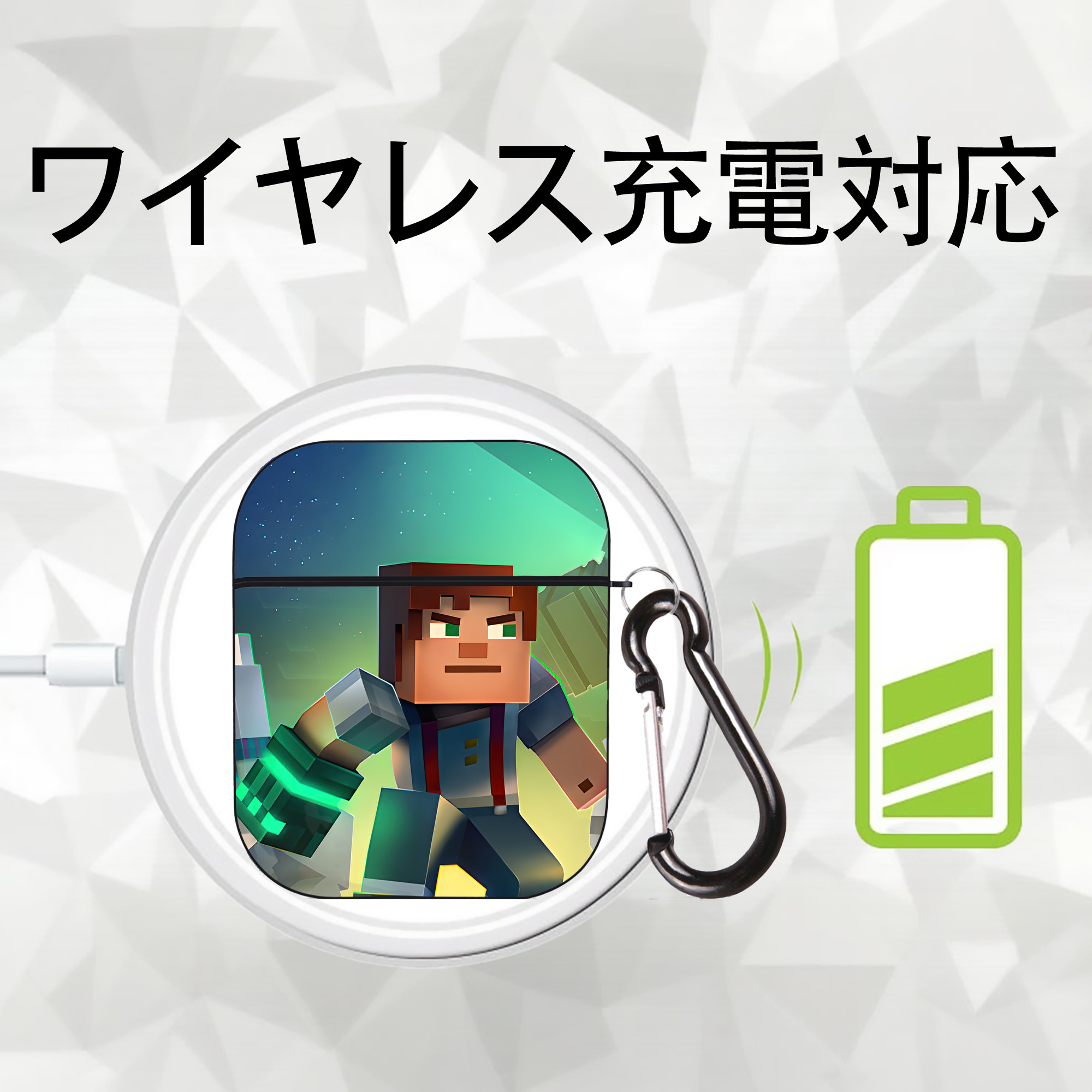 マインクラフト ブロックの世界 Minecraft MC Block world AirPods 第2世代保護ケース ハードシェル ブラック 耐衝撃・防指紋・カラビナ付き