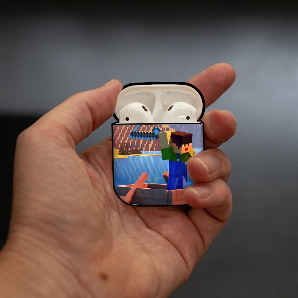 マインクラフト ブロックの世界 Minecraft MC Block world AirPods 第2世代保護ケース ハードシェル ブラック 耐衝撃・防指紋・カラビナ付き