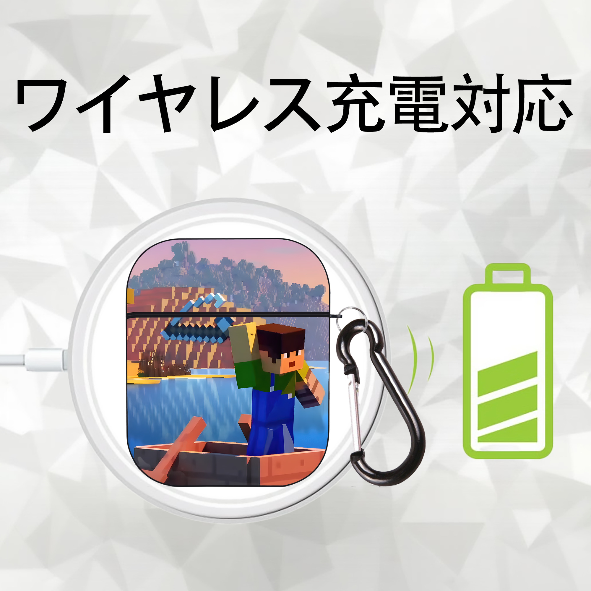 マインクラフト ブロックの世界 Minecraft MC Block world AirPods 第2世代保護ケース ハードシェル ブラック 耐衝撃・防指紋・カラビナ付き