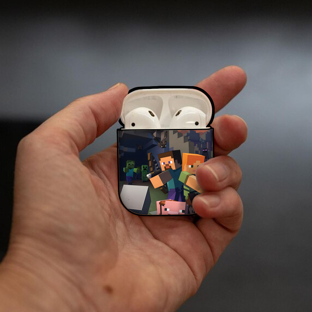 マインクラフト ブロックの世界 Minecraft MC Block world AirPods 第2世代保護ケース ハードシェル ブラック 耐衝撃・防指紋・カラビナ付き
