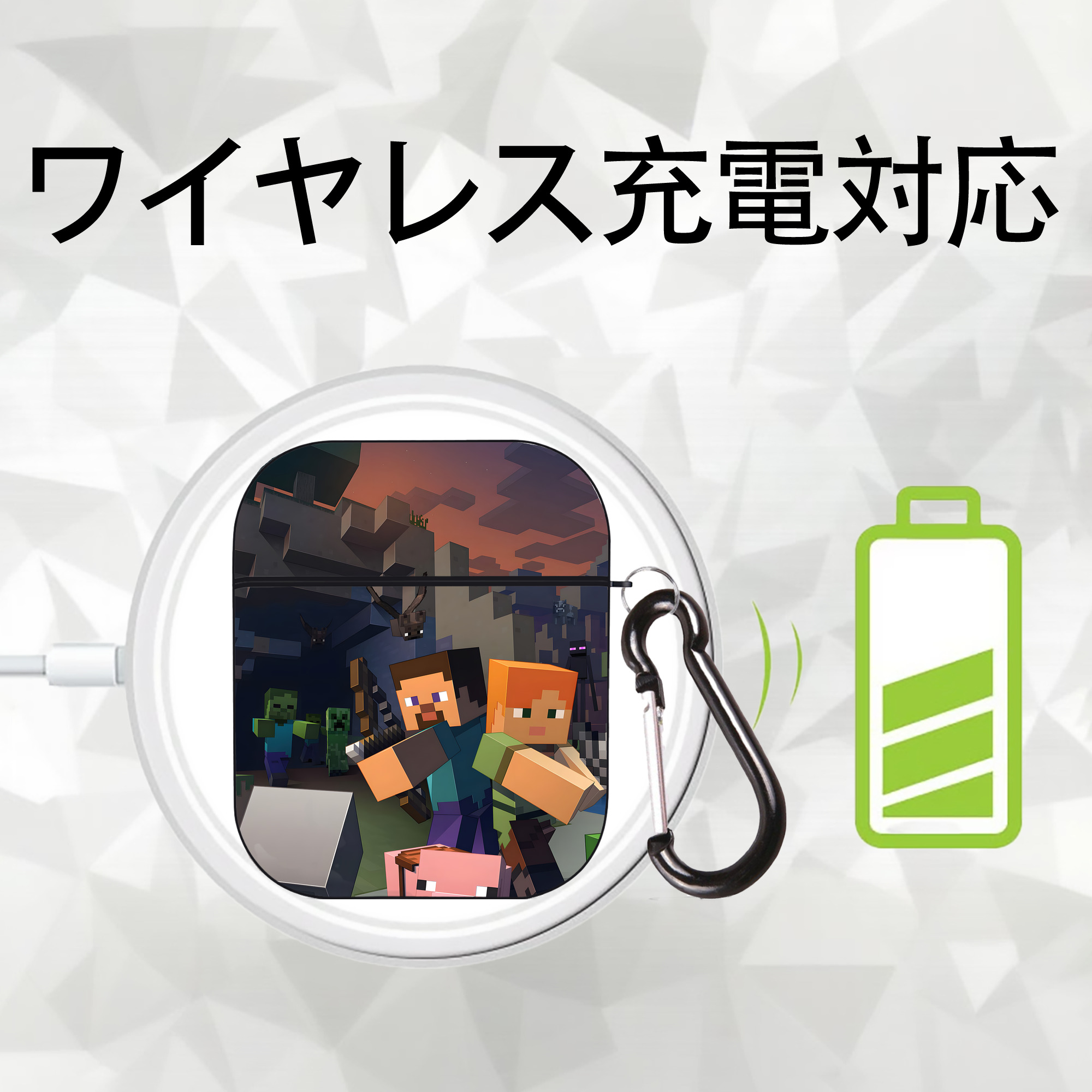 マインクラフト ブロックの世界 Minecraft MC Block world AirPods 第2世代保護ケース ハードシェル ブラック 耐衝撃・防指紋・カラビナ付き