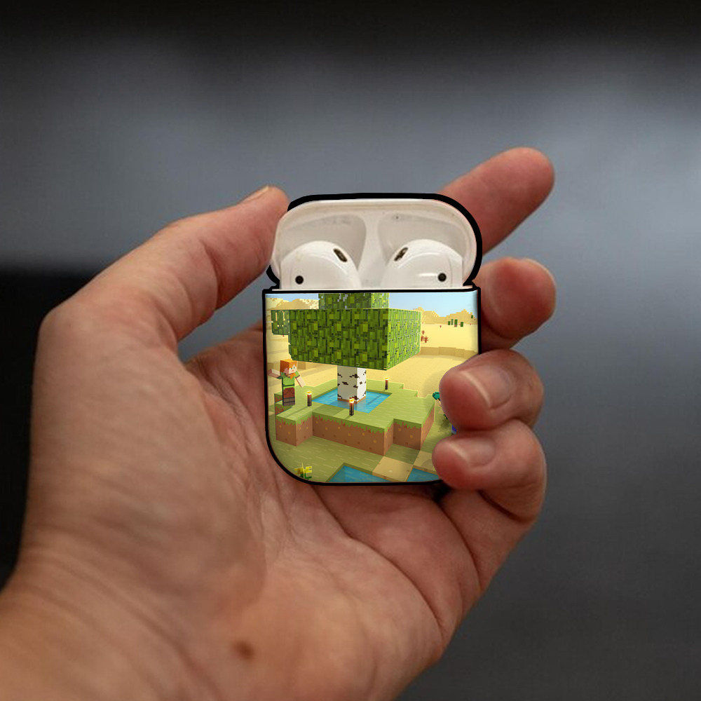 マインクラフト ブロックの世界 Minecraft MC Block world AirPods 第2世代保護ケース ハードシェル ブラック 耐衝撃・防指紋・カラビナ付き