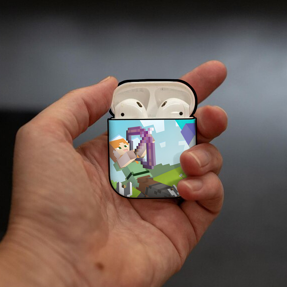 マインクラフト ブロックの世界 Minecraft MC Block world AirPods 第2世代保護ケース ハードシェル ブラック 耐衝撃・防指紋・カラビナ付き