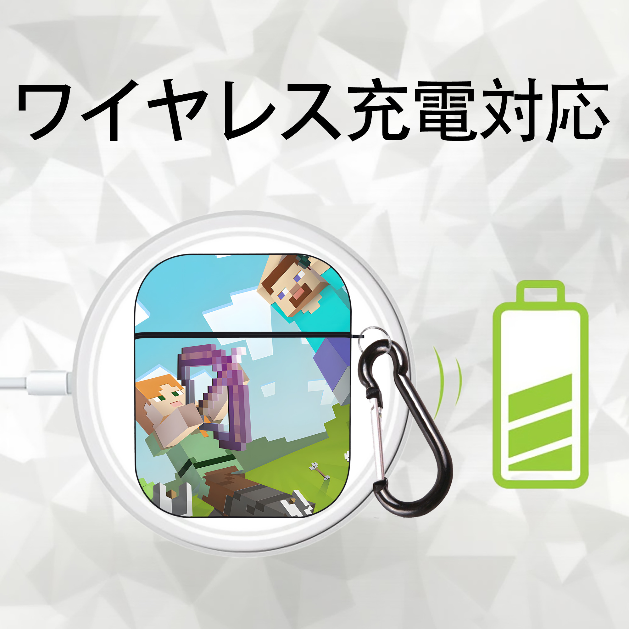 マインクラフト ブロックの世界 Minecraft MC Block world AirPods 第2世代保護ケース ハードシェル ブラック 耐衝撃・防指紋・カラビナ付き