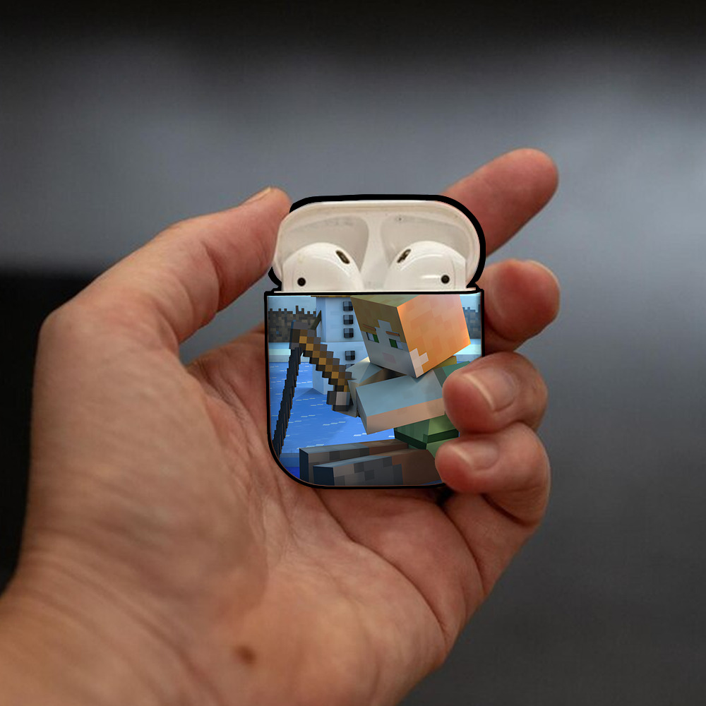 マインクラフト ブロックの世界 Minecraft MC Block world AirPods 第2世代保護ケース ハードシェル ブラック 耐衝撃・防指紋・カラビナ付き