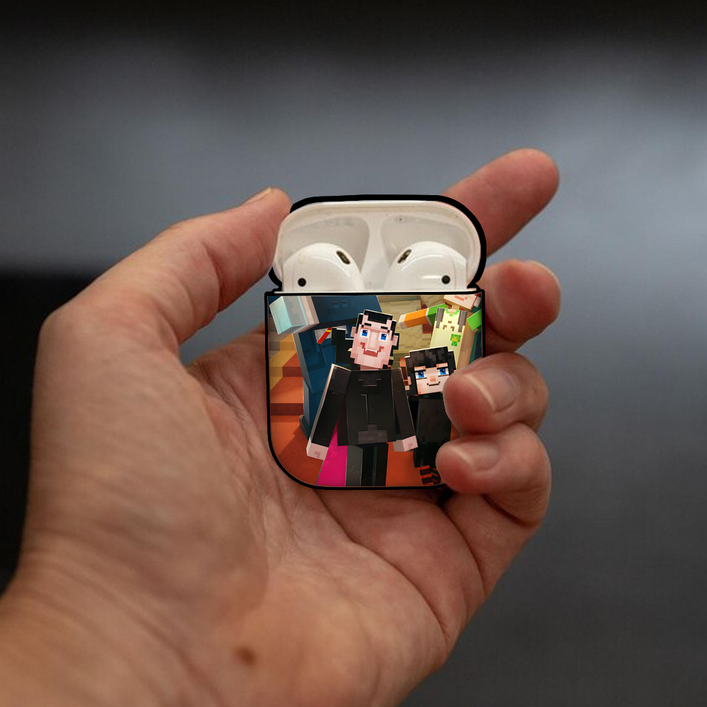 マインクラフト ブロックの世界 Minecraft MC Block world AirPods 第2世代保護ケース ハードシェル ブラック 耐衝撃・防指紋・カラビナ付き