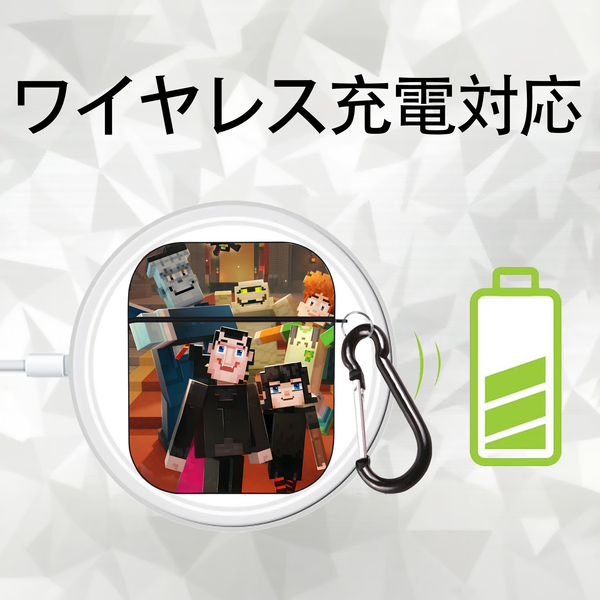 マインクラフト ブロックの世界 Minecraft MC Block world AirPods 第2世代保護ケース ハードシェル ブラック 耐衝撃・防指紋・カラビナ付き