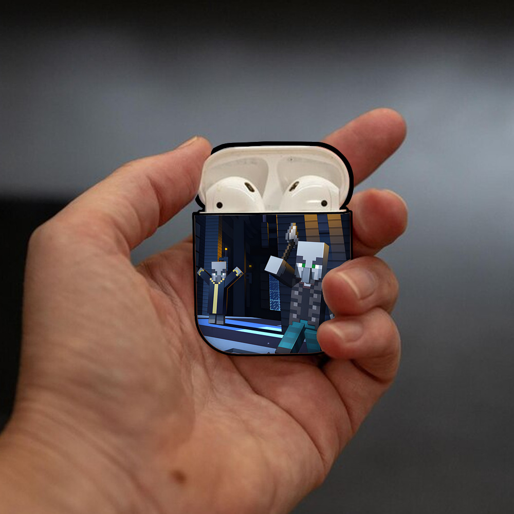 マインクラフト ブロックの世界 Minecraft MC Block world AirPods 第2世代保護ケース ハードシェル ブラック 耐衝撃・防指紋・カラビナ付き