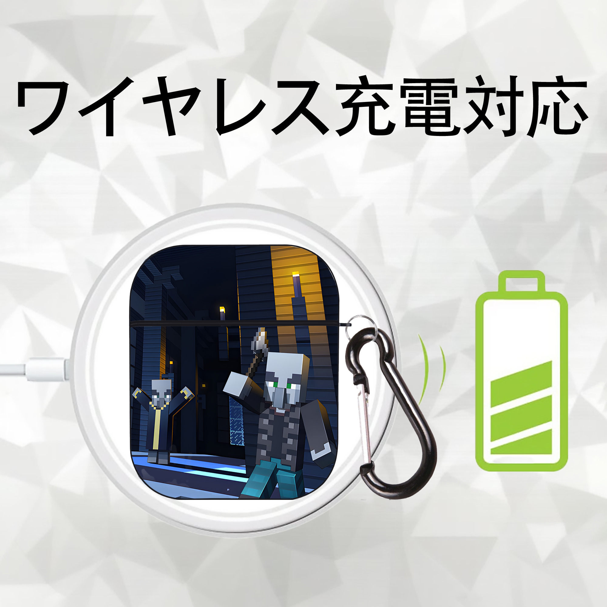 マインクラフト ブロックの世界 Minecraft MC Block world AirPods 第2世代保護ケース ハードシェル ブラック 耐衝撃・防指紋・カラビナ付き