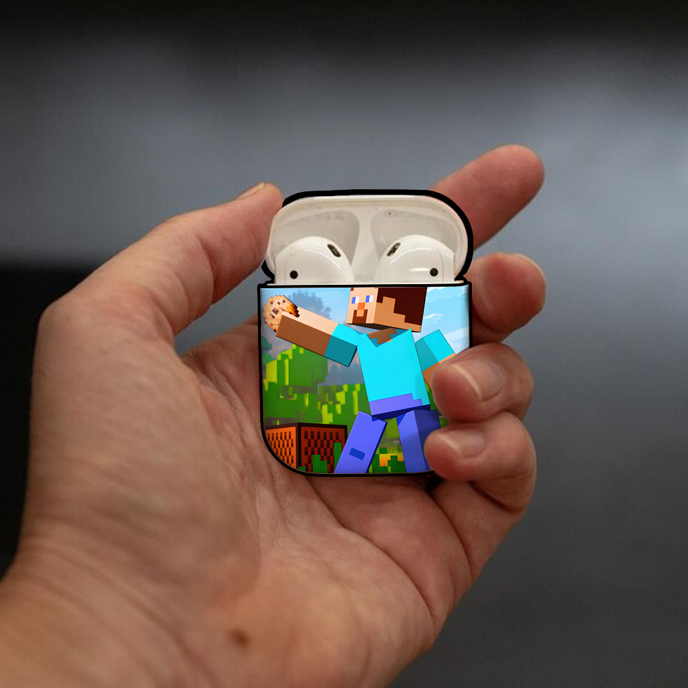 マインクラフト ブロックの世界 Minecraft MC Block world AirPods 第2世代保護ケース ハードシェル ブラック 耐衝撃・防指紋・カラビナ付き