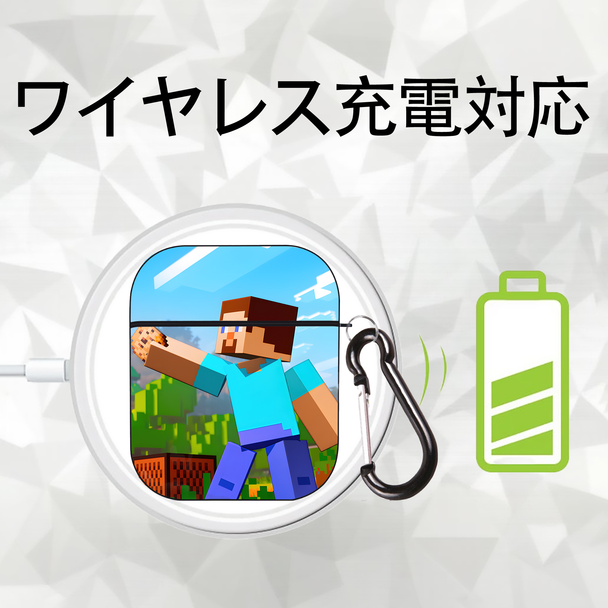 マインクラフト ブロックの世界 Minecraft MC Block world AirPods 第2世代保護ケース ハードシェル ブラック 耐衝撃・防指紋・カラビナ付き
