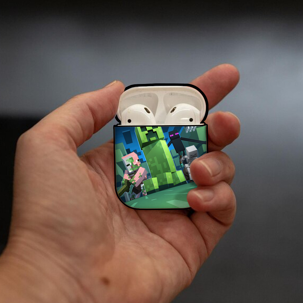 マインクラフト ブロックの世界 Minecraft MC Block world AirPods 第2世代保護ケース ハードシェル ブラック 耐衝撃・防指紋・カラビナ付き