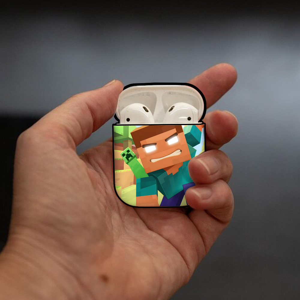 マインクラフト ブロックの世界 Minecraft MC Block world AirPods 第2世代保護ケース ハードシェル ブラック 耐衝撃・防指紋・カラビナ付き