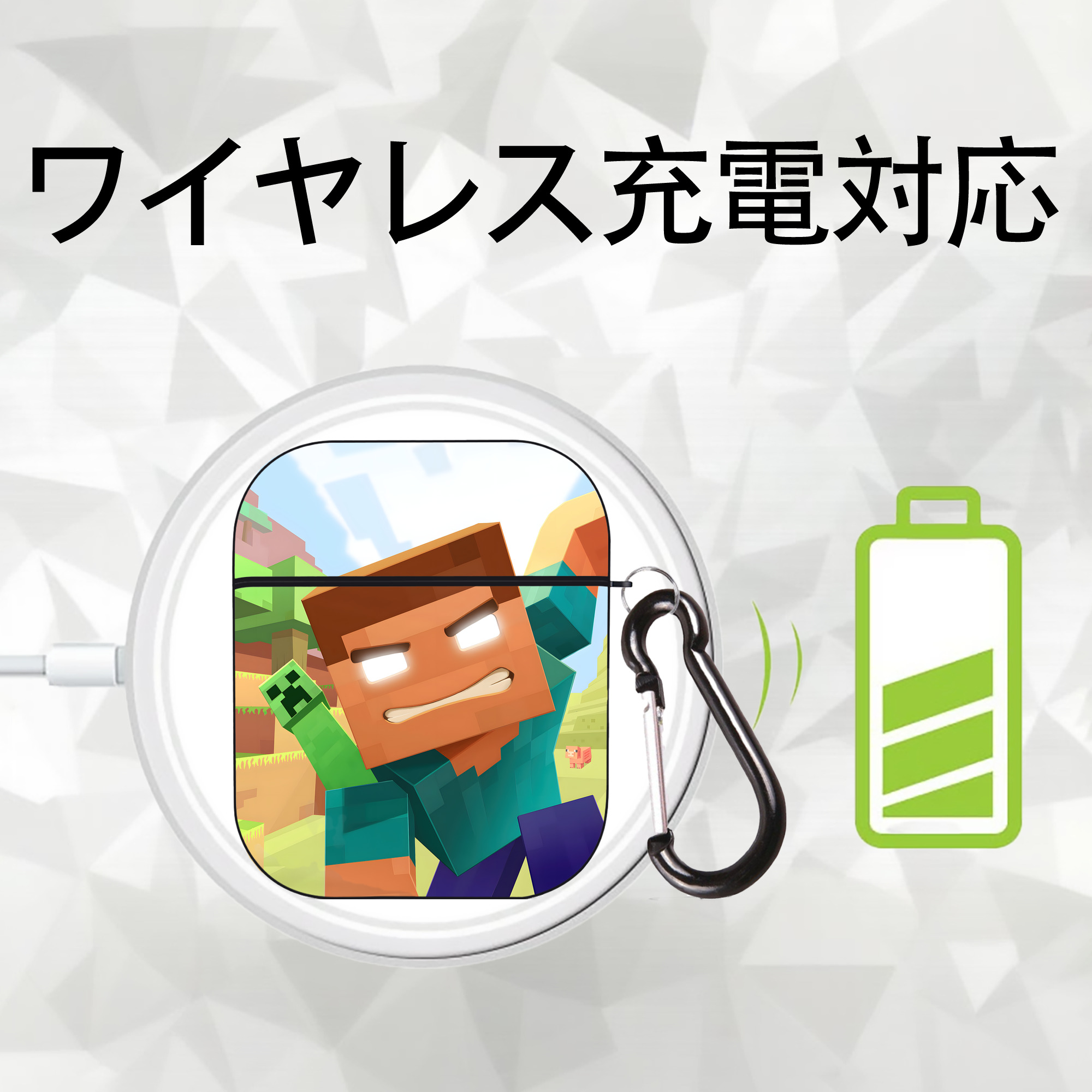 マインクラフト ブロックの世界 Minecraft MC Block world AirPods 第2世代保護ケース ハードシェル ブラック 耐衝撃・防指紋・カラビナ付き