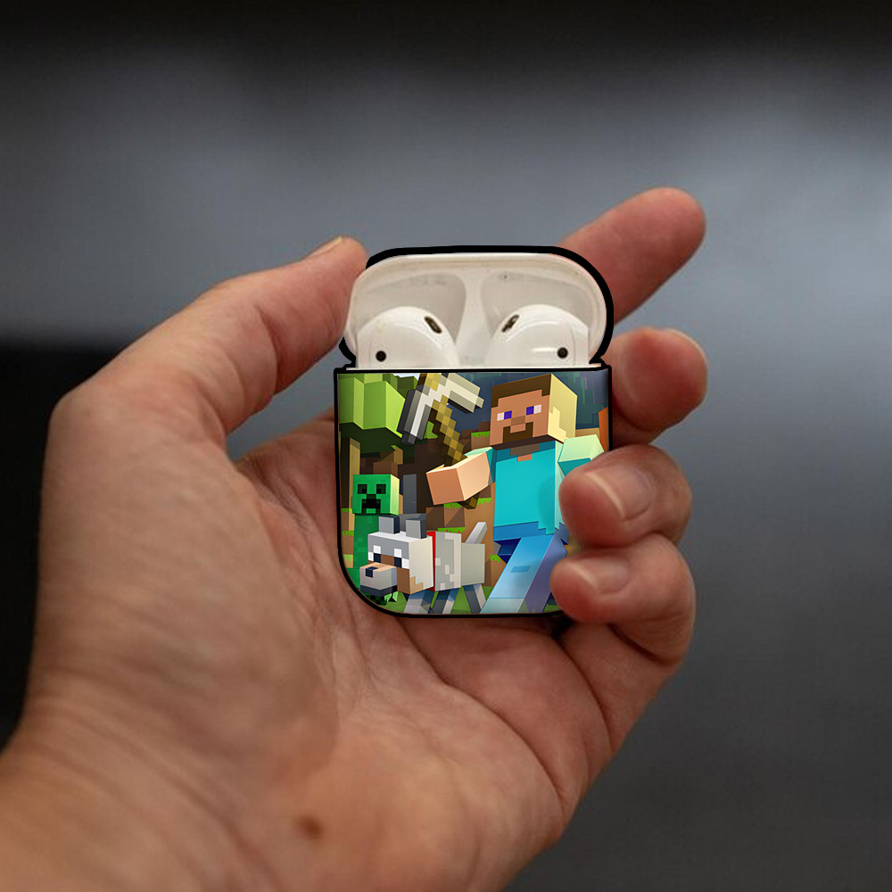 マインクラフト ブロックの世界 Minecraft MC Block world AirPods 第2世代保護ケース ハードシェル ブラック 耐衝撃・防指紋・カラビナ付き
