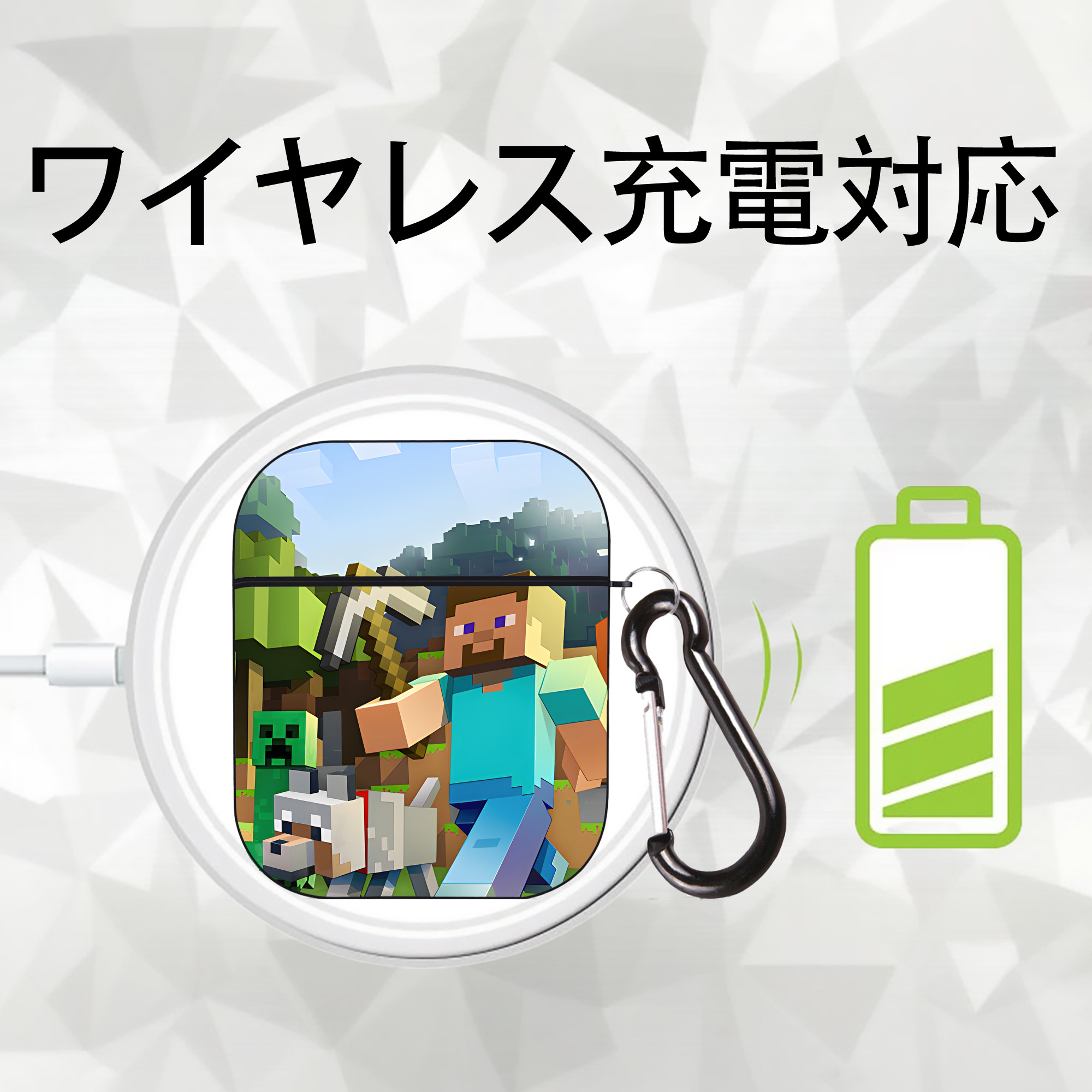 マインクラフト ブロックの世界 Minecraft MC Block world AirPods 第2世代保護ケース ハードシェル ブラック 耐衝撃・防指紋・カラビナ付き