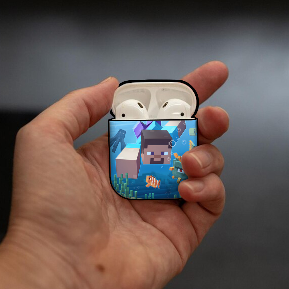 マインクラフト ブロックの世界 Minecraft MC Block world AirPods 第2世代保護ケース ハードシェル ブラック 耐衝撃・防指紋・カラビナ付き