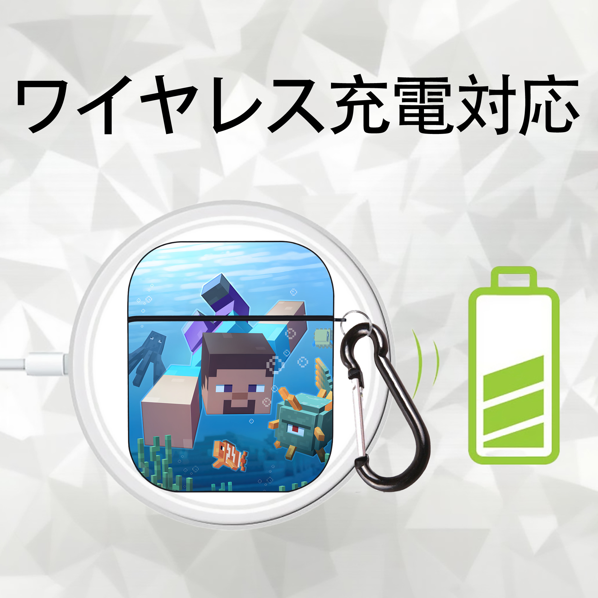 マインクラフト ブロックの世界 Minecraft MC Block world AirPods 第2世代保護ケース ハードシェル ブラック 耐衝撃・防指紋・カラビナ付き