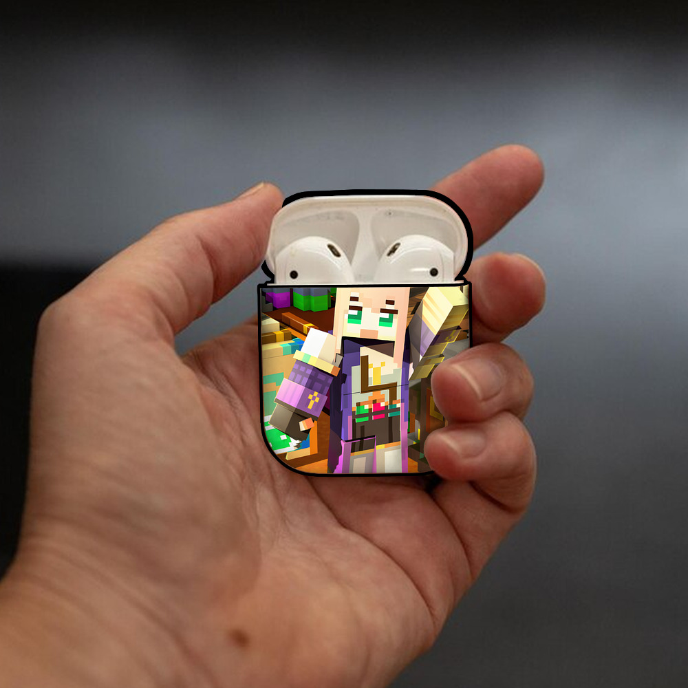 マインクラフト ブロックの世界 Minecraft MC Block world AirPods 第2世代保護ケース ハードシェル ブラック 耐衝撃・防指紋・カラビナ付き
