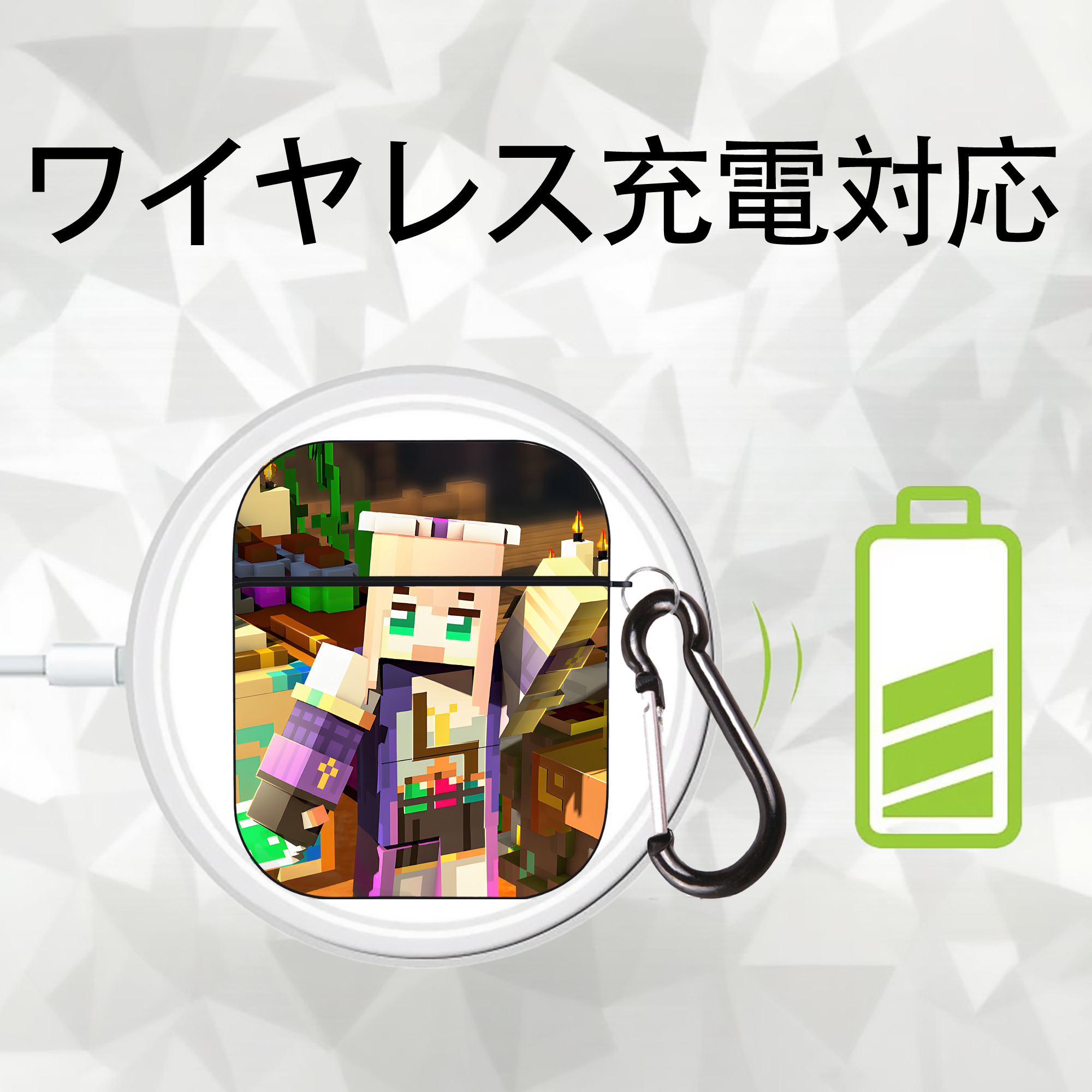 マインクラフト ブロックの世界 Minecraft MC Block world AirPods 第2世代保護ケース ハードシェル ブラック 耐衝撃・防指紋・カラビナ付き