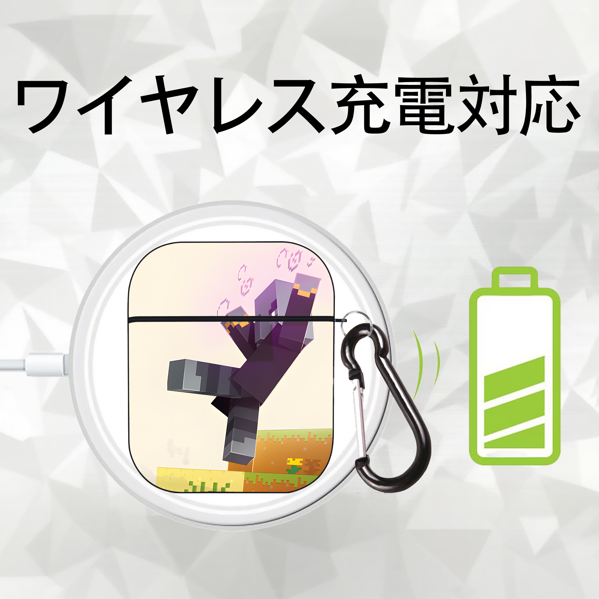 マインクラフト ブロックの世界 Minecraft MC Block world AirPods 第2世代保護ケース ハードシェル ブラック 耐衝撃・防指紋・カラビナ付き