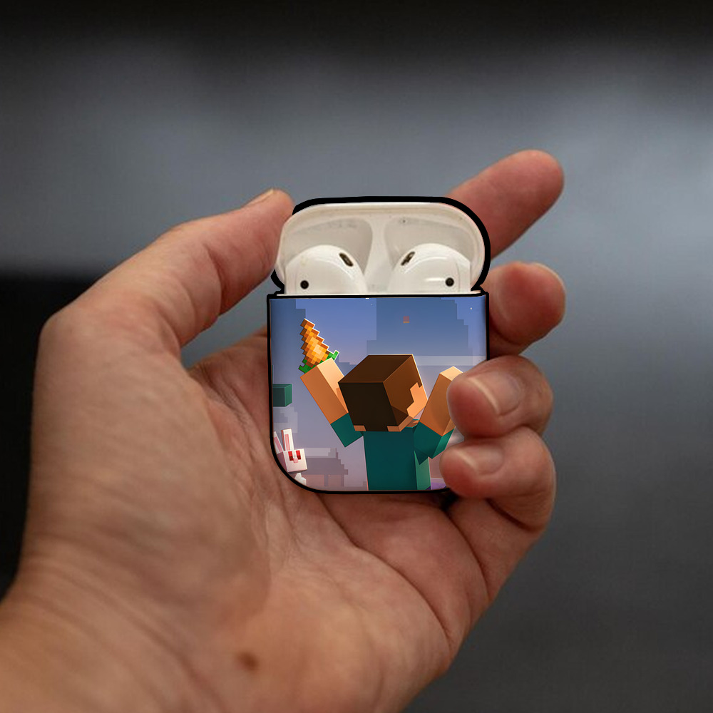 マインクラフト ブロックの世界 Minecraft MC Block world AirPods 第2世代保護ケース ハードシェル ブラック 耐衝撃・防指紋・カラビナ付き