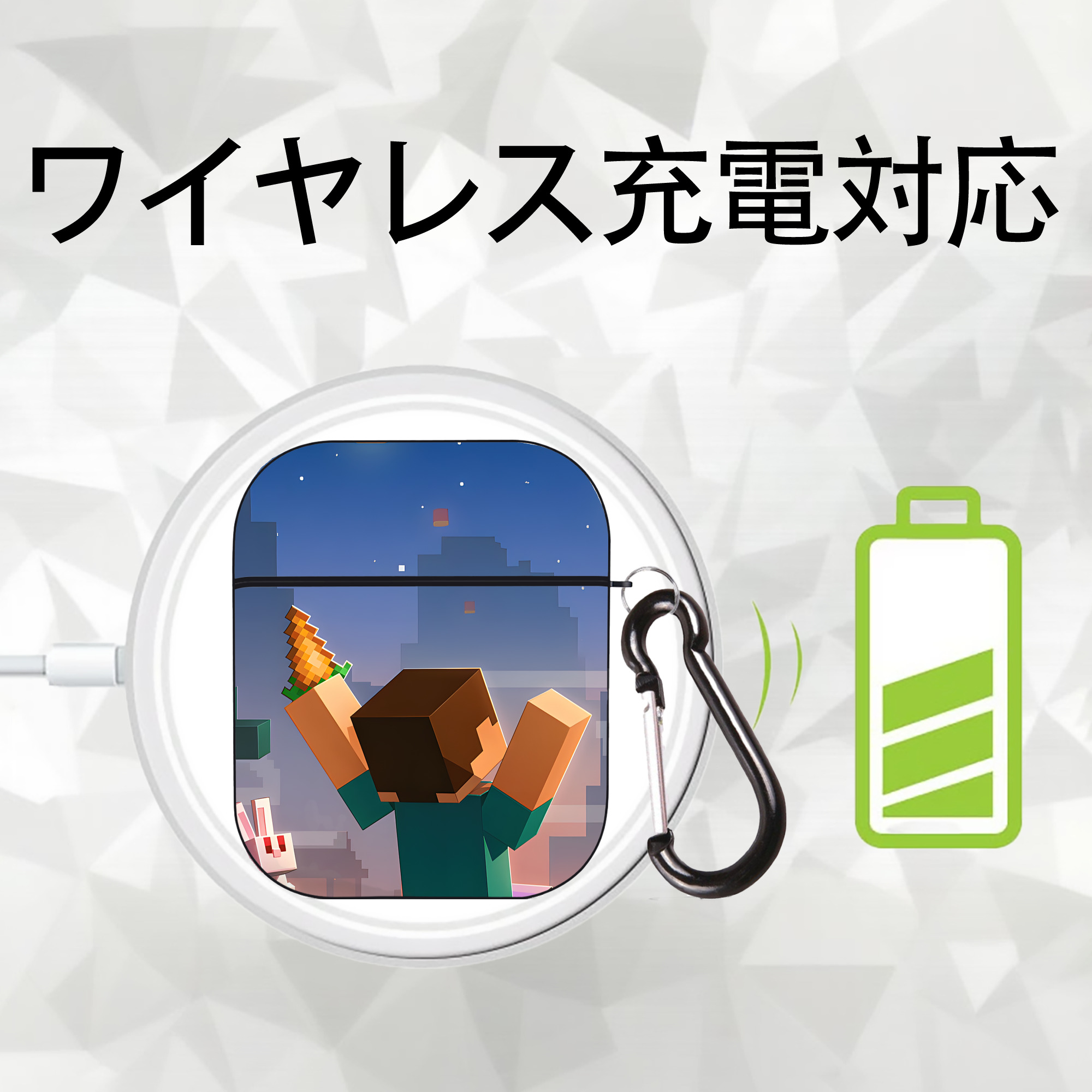 マインクラフト ブロックの世界 Minecraft MC Block world AirPods 第2世代保護ケース ハードシェル ブラック 耐衝撃・防指紋・カラビナ付き
