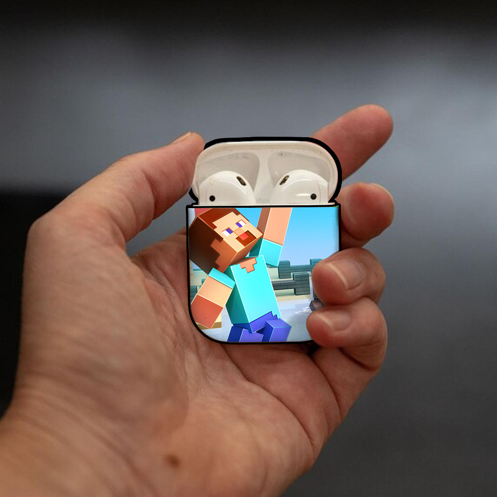 マインクラフト ブロックの世界 Minecraft MC Block world AirPods 第2世代保護ケース ハードシェル ブラック 耐衝撃・防指紋・カラビナ付き