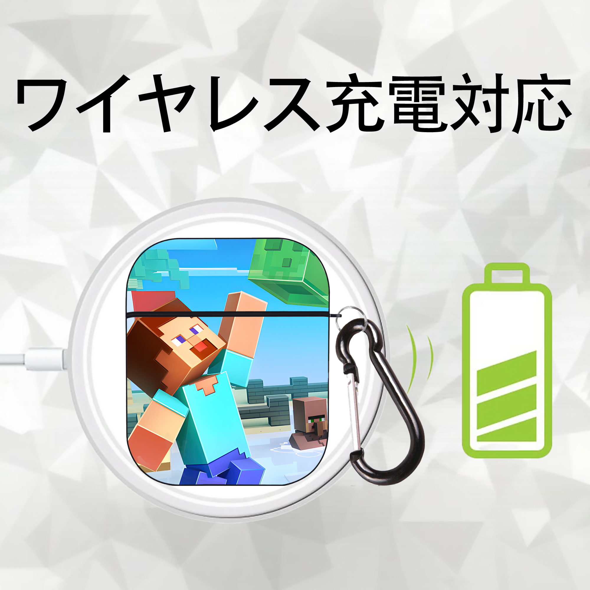 マインクラフト ブロックの世界 Minecraft MC Block world AirPods 第2世代保護ケース ハードシェル ブラック 耐衝撃・防指紋・カラビナ付き