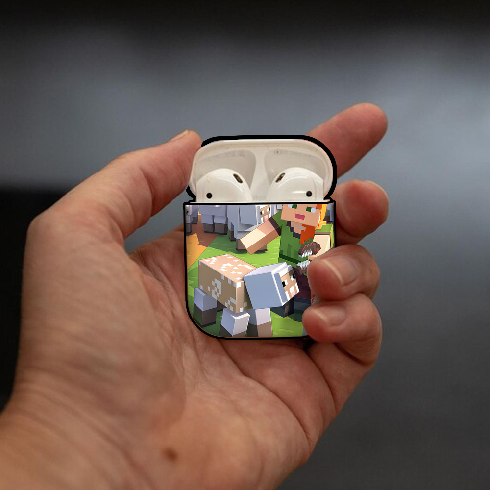 マインクラフト ブロックの世界 Minecraft MC Block world AirPods 第2世代保護ケース ハードシェル ブラック 耐衝撃・防指紋・カラビナ付き