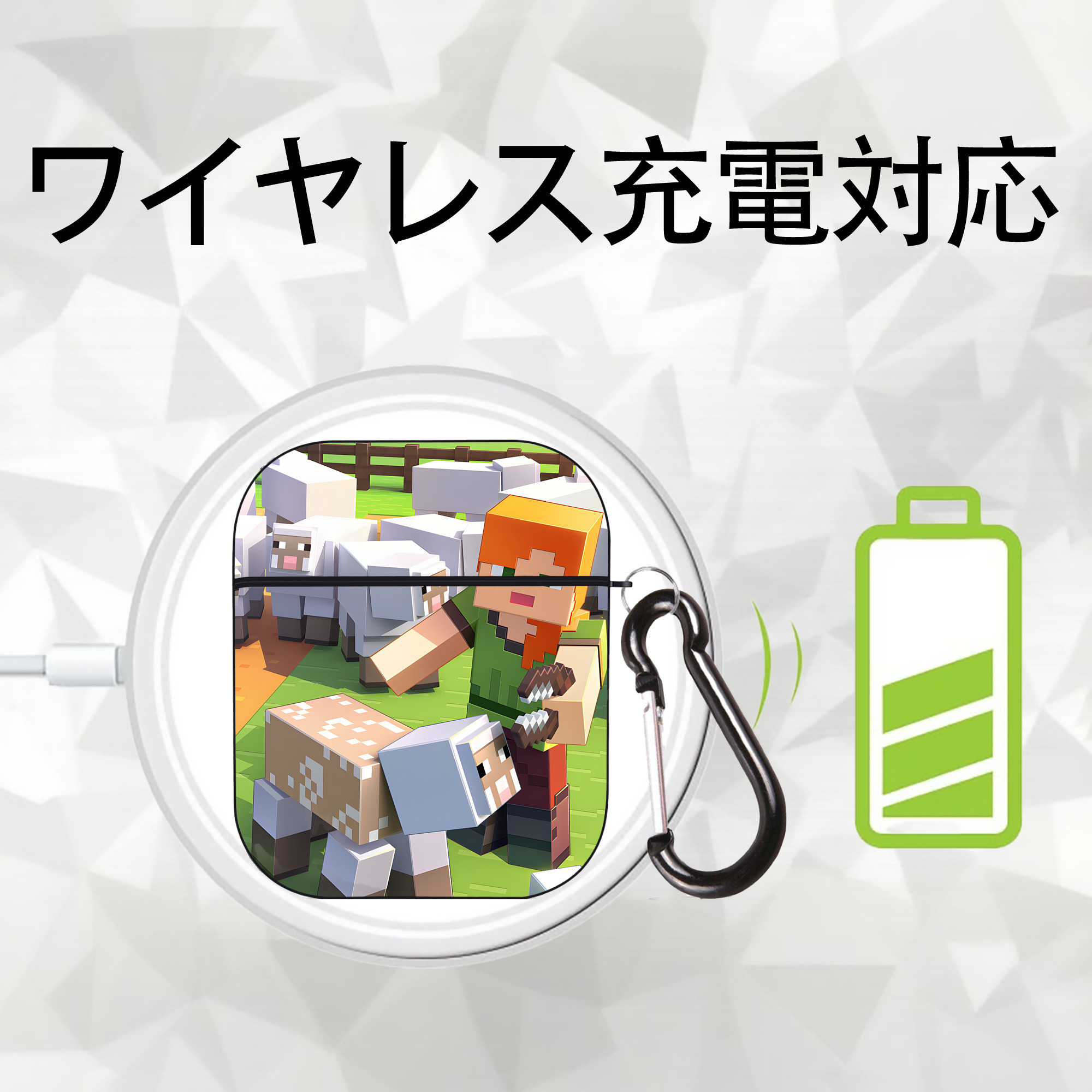 マインクラフト ブロックの世界 Minecraft MC Block world AirPods 第2世代保護ケース ハードシェル ブラック 耐衝撃・防指紋・カラビナ付き