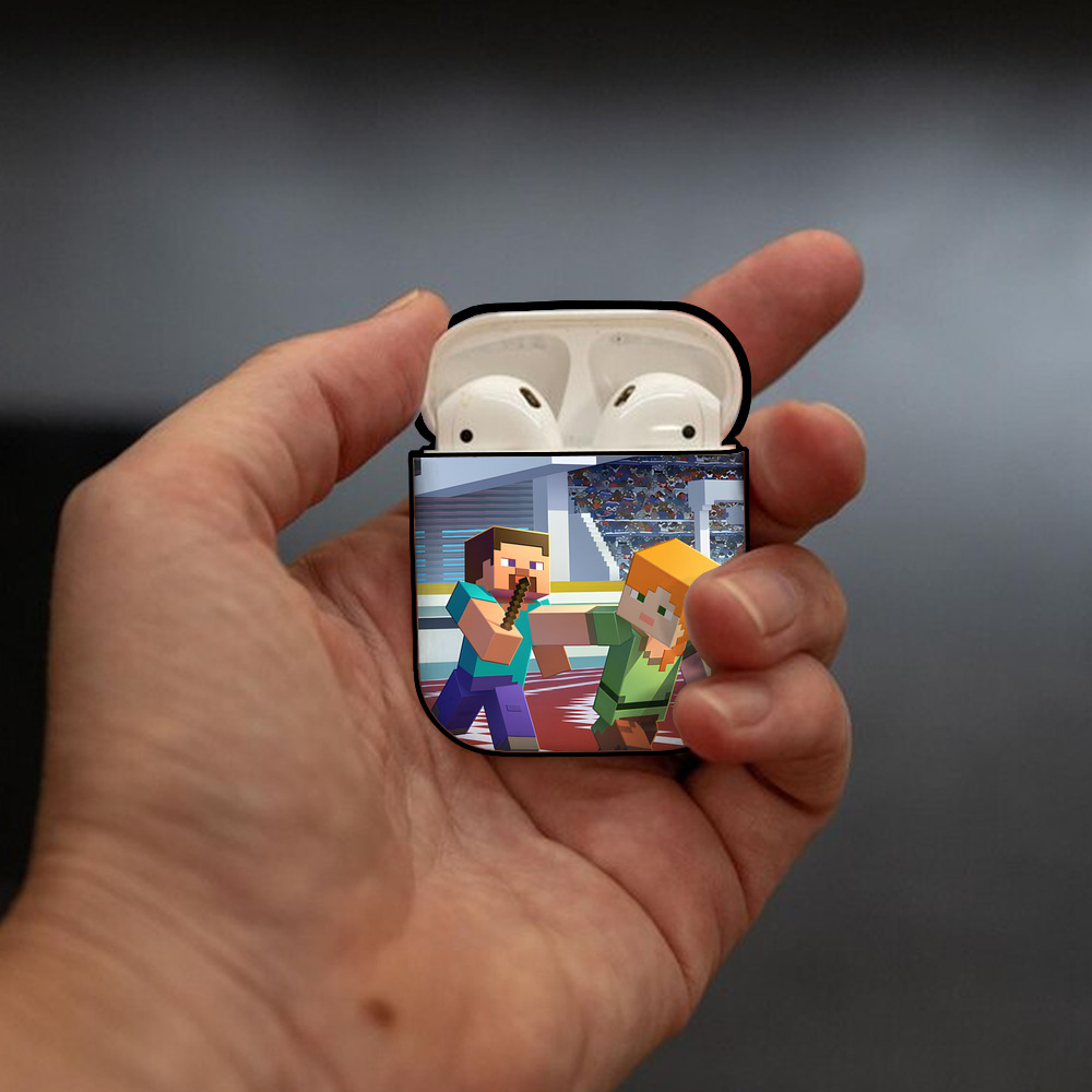 マインクラフト ブロックの世界 Minecraft MC Block world AirPods 第2世代保護ケース ハードシェル ブラック 耐衝撃・防指紋・カラビナ付き