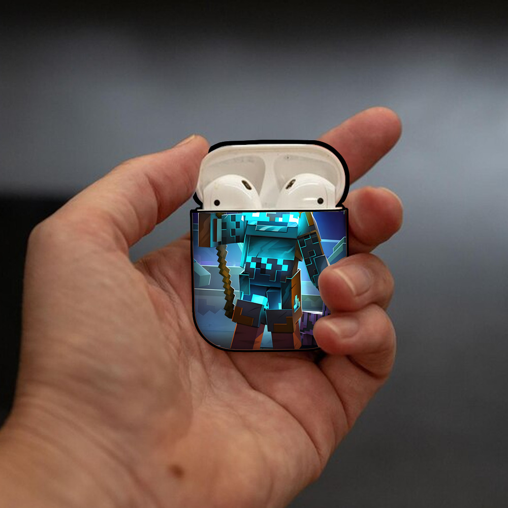 マインクラフト ブロックの世界 Minecraft MC Block world AirPods 第2世代保護ケース ハードシェル ブラック 耐衝撃・防指紋・カラビナ付き