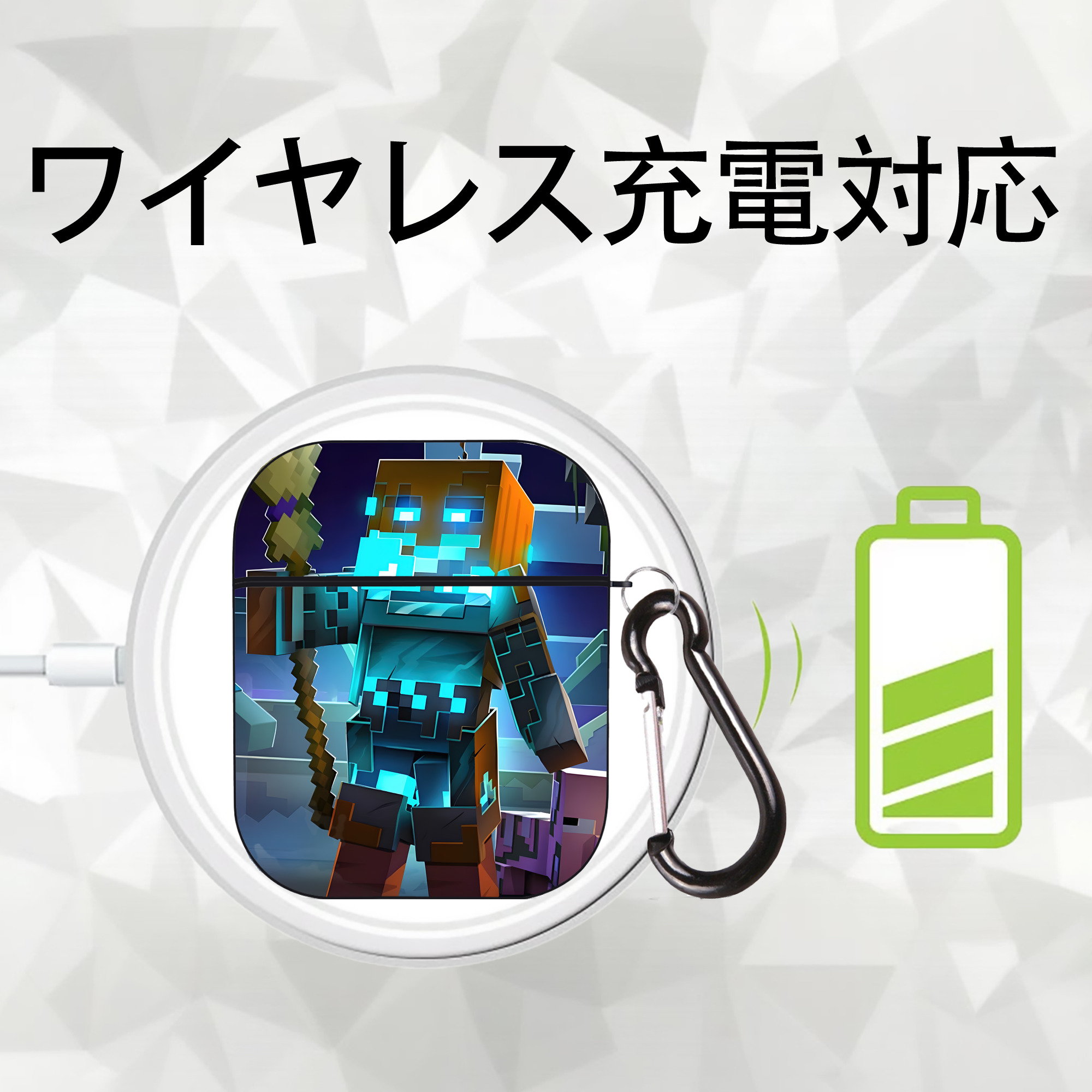 マインクラフト ブロックの世界 Minecraft MC Block world AirPods 第2世代保護ケース ハードシェル ブラック 耐衝撃・防指紋・カラビナ付き
